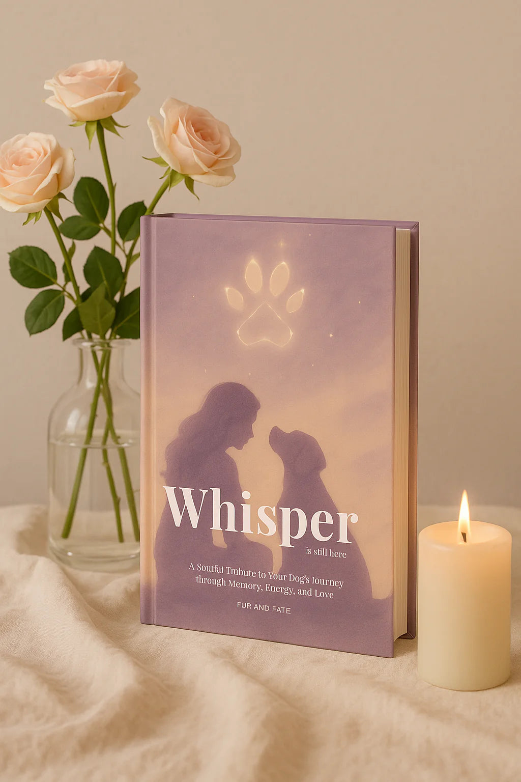 Whisper personalized dog memorial book with candle and roses — soulful tribute keepsake for pet loss by Fur and Fate.