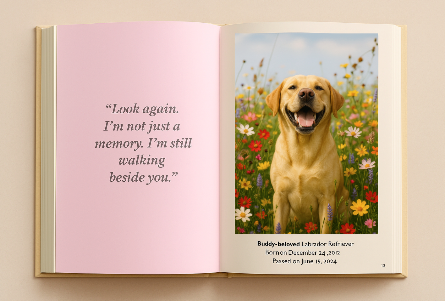 Personalized dog memorial book with custom photo and tribute message.